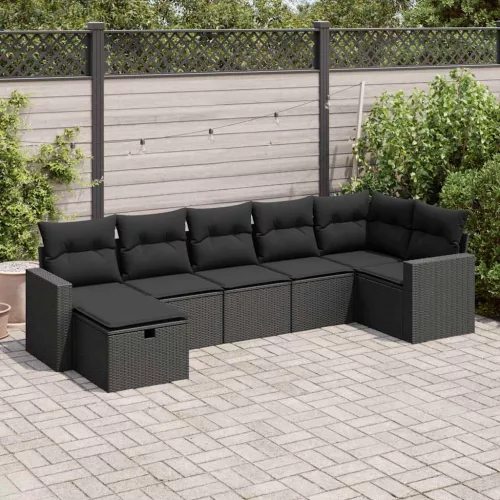  7 részes fekete polyrattan kerti ülőgarnitúra párnával