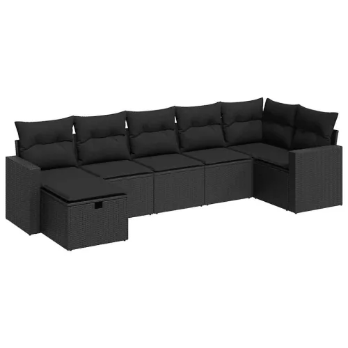  7 részes fekete polyrattan kerti ülőgarnitúra párnával