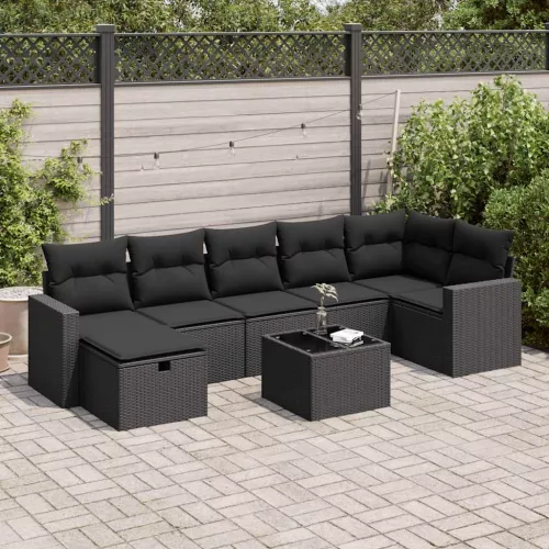  8 részes fekete polyrattan kerti ülőgarnitúra párnákkal