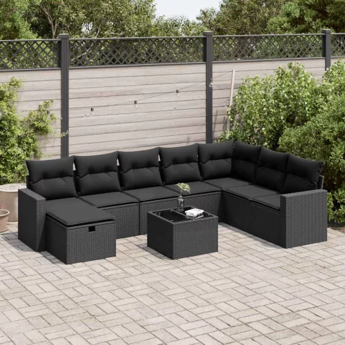  9 részes fekete polyrattan kerti ülőgarnitúra párnákkal