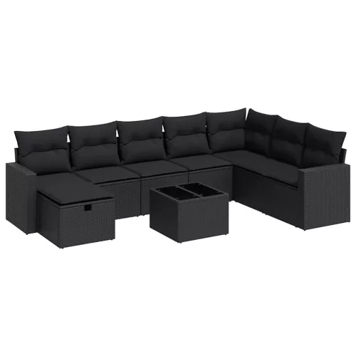  9 részes fekete polyrattan kerti ülőgarnitúra párnákkal