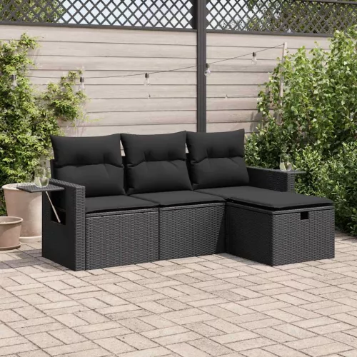  4 részes fekete polyrattan kerti ülőgarnitúra párnákkal