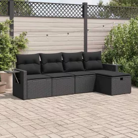 5 részes fekete polyrattan kerti kanapészett párnákkal