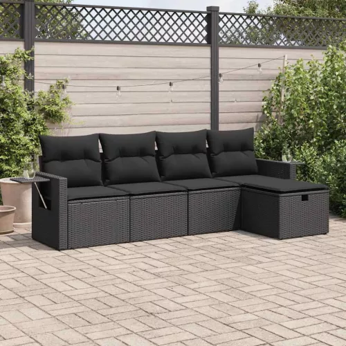  5 részes fekete polyrattan kerti kanapészett párnákkal
