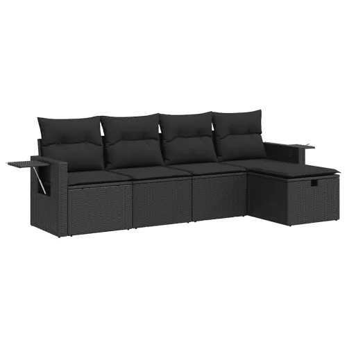  5 részes fekete polyrattan kerti kanapészett párnákkal