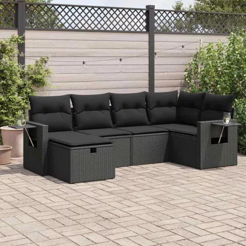  6 részes fekete polyrattan kerti ülőgarnitúra párnákkal