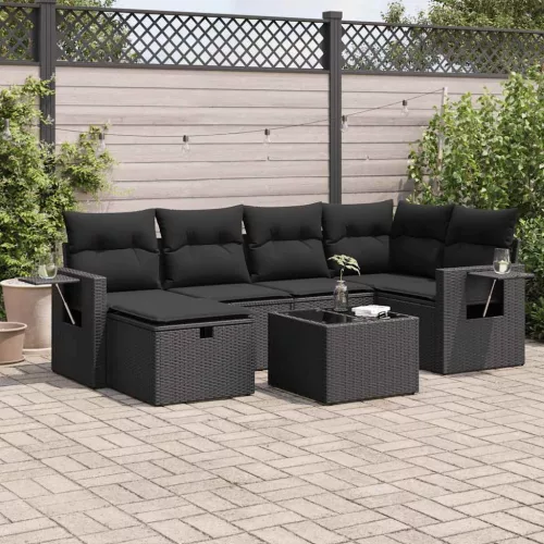  7 részes fekete polyrattan kerti ülőgarnitúra párnával