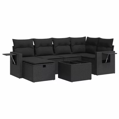  7 részes fekete polyrattan kerti ülőgarnitúra párnával