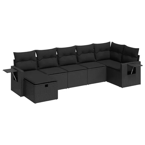  7 részes fekete polyrattan kerti ülőgarnitúra párnával