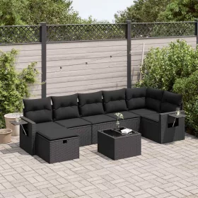    8 részes fekete polyrattan kerti ülőgarnitúra párnákkal
