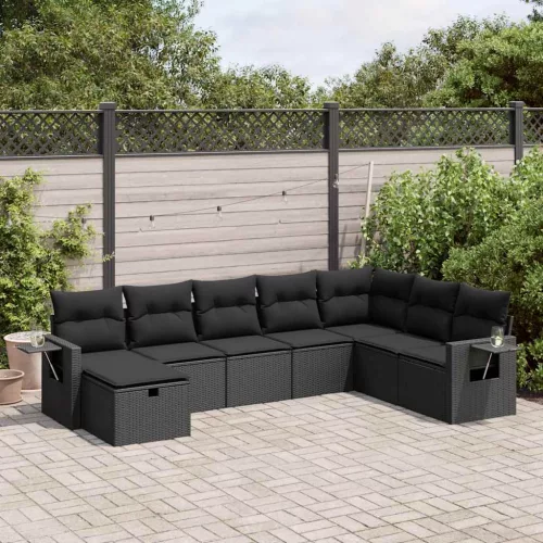 8 részes fekete polyrattan kerti ülőgarnitúra párnákkal