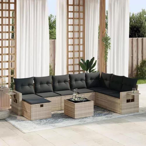  9 részes világosszürke polyrattan kerti ülőgarnitúra párnával