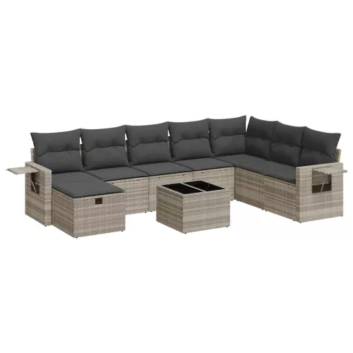  9 részes világosszürke polyrattan kerti ülőgarnitúra párnával