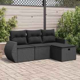    4 részes fekete polyrattan kerti ülőgarnitúra párnákkal