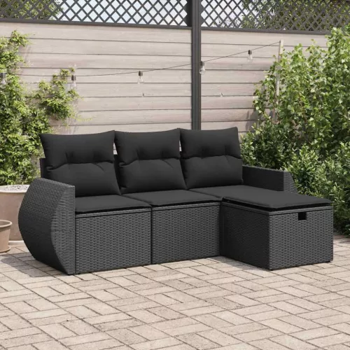  4 részes fekete polyrattan kerti ülőgarnitúra párnákkal