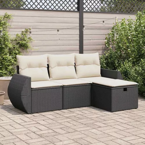  4 részes fekete polyrattan kerti ülőgarnitúra párnákkal