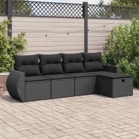  5 részes fekete polyrattan kerti kanapészett párnákkal