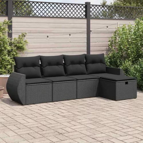  5 részes fekete polyrattan kerti kanapészett párnákkal