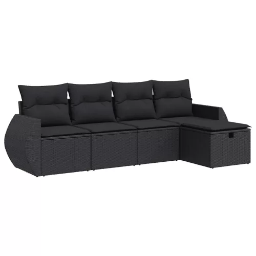  5 részes fekete polyrattan kerti kanapészett párnákkal