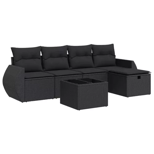  6 részes fekete polyrattan kerti ülőgarnitúra párnákkal