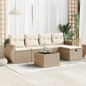  6 részes bézs polyrattan kerti ülőgarnitúra párnával