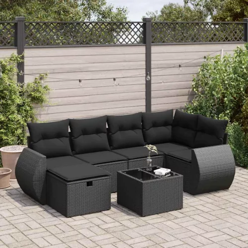  7 részes fekete polyrattan kerti ülőgarnitúra párnával