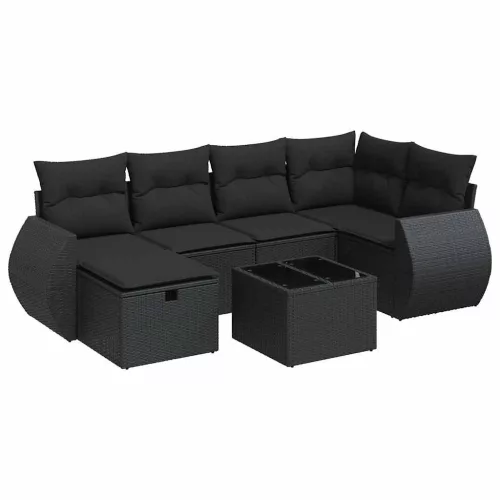 7 részes fekete polyrattan kerti ülőgarnitúra párnával