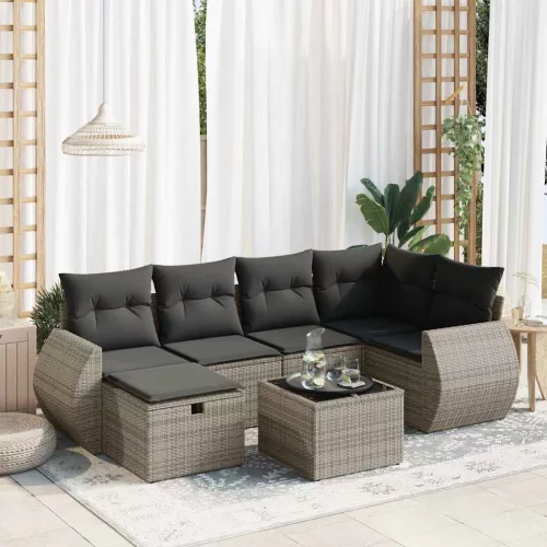  7 részes szürke polyrattan kerti ülőgarnitúra párnákkal