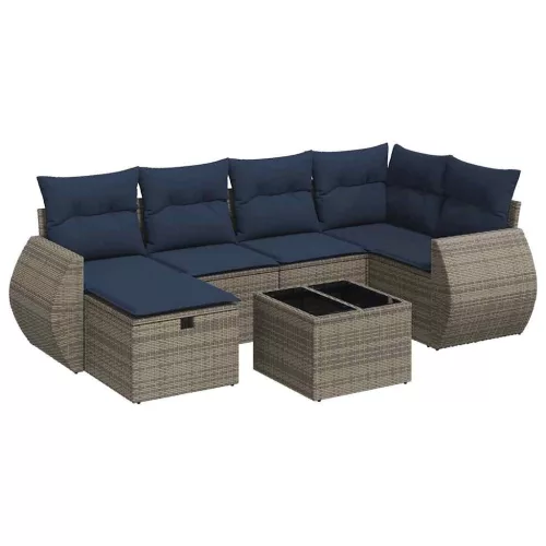 7 részes szürke polyrattan kerti ülőgarnitúra párnákkal