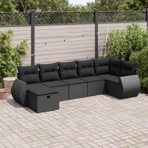  7 részes fekete polyrattan kerti ülőgarnitúra párnával
