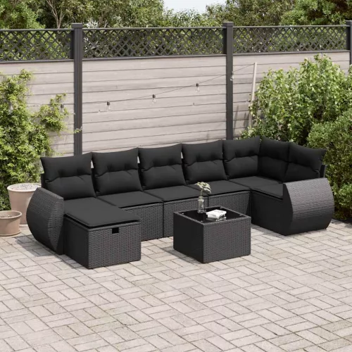  8 részes fekete polyrattan kerti ülőgarnitúra párnákkal