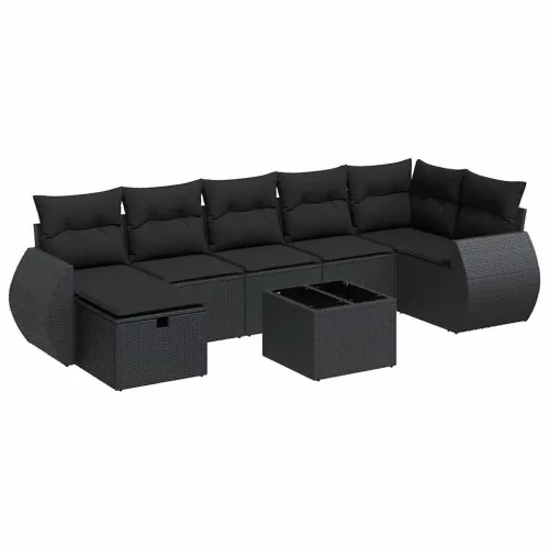  8 részes fekete polyrattan kerti ülőgarnitúra párnákkal