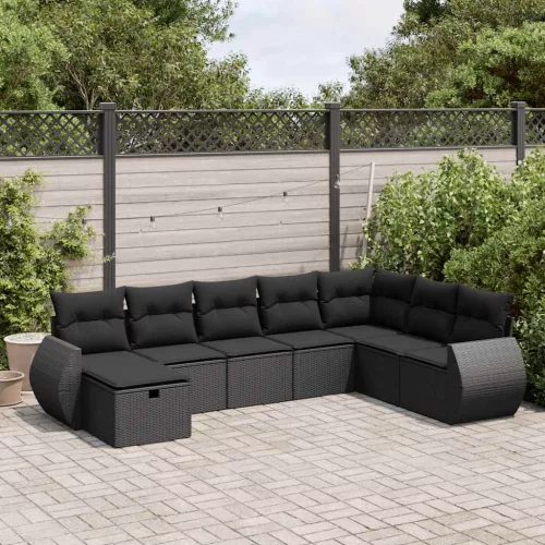  8 részes fekete polyrattan kerti ülőgarnitúra párnákkal