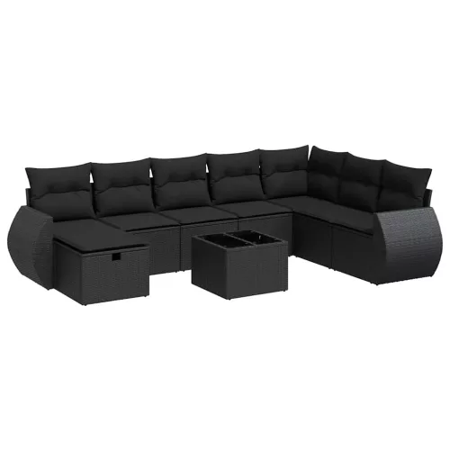  9 részes fekete polyrattan kerti ülőgarnitúra párnákkal