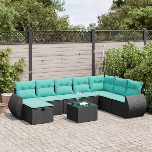  9 részes fekete polyrattan kerti ülőgarnitúra párnákkal