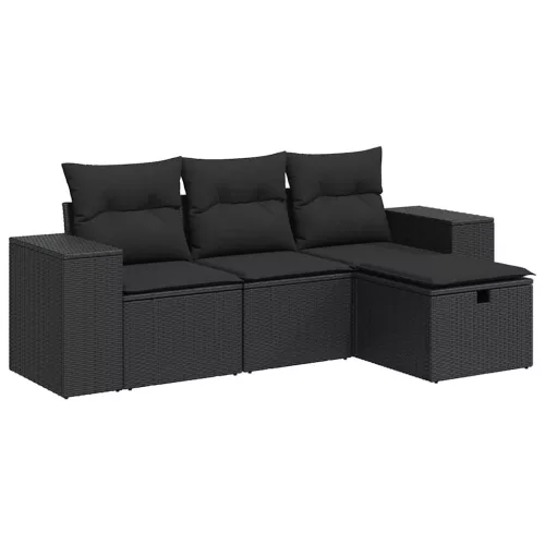  4 részes fekete polyrattan kerti ülőgarnitúra párnákkal