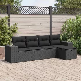  5 részes fekete polyrattan kerti kanapészett párnákkal