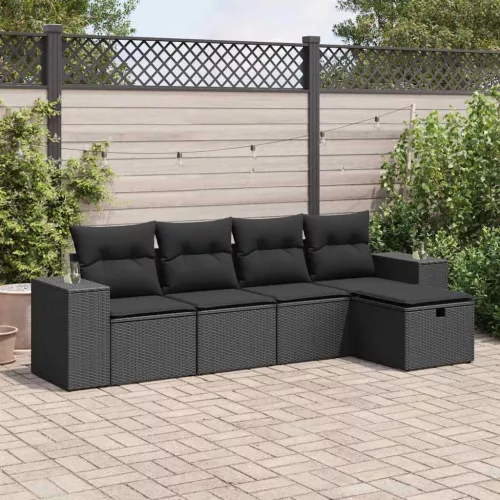  5 részes fekete polyrattan kerti kanapészett párnákkal