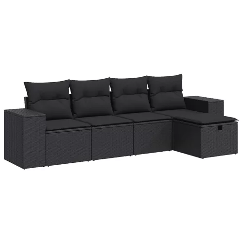  5 részes fekete polyrattan kerti kanapészett párnákkal