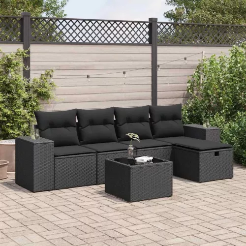  6 részes fekete polyrattan kerti ülőgarnitúra párnákkal