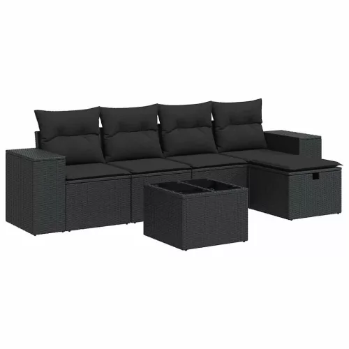  6 részes fekete polyrattan kerti ülőgarnitúra párnákkal