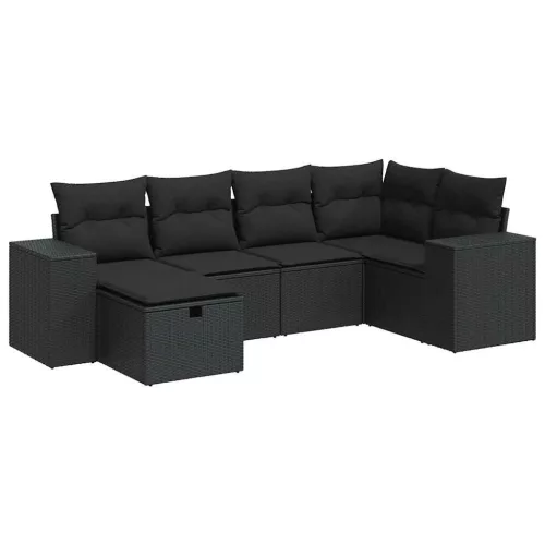  6 részes fekete polyrattan kerti ülőgarnitúra párnákkal