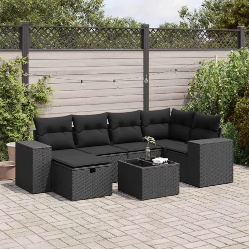  7 részes fekete polyrattan kerti ülőgarnitúra párnával
