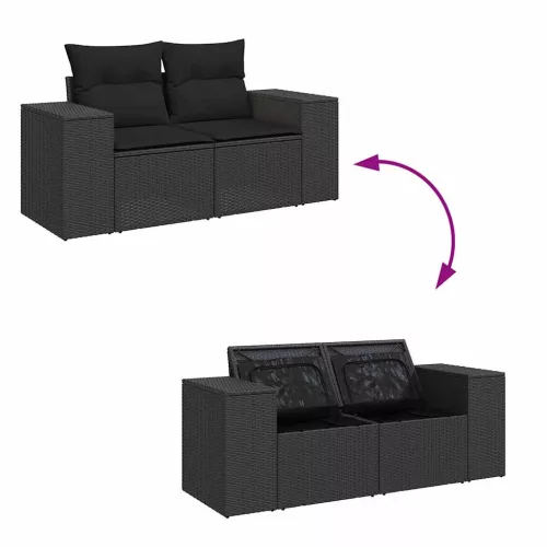  7 részes fekete polyrattan kerti ülőgarnitúra párnával