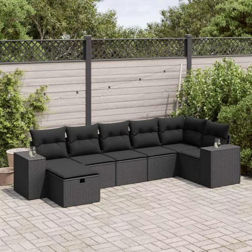  7 részes fekete polyrattan kerti ülőgarnitúra párnával