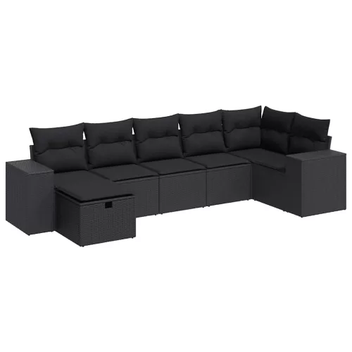  7 részes fekete polyrattan kerti ülőgarnitúra párnával
