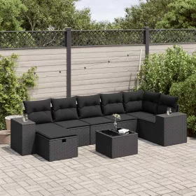    8 részes fekete polyrattan kerti ülőgarnitúra párnákkal