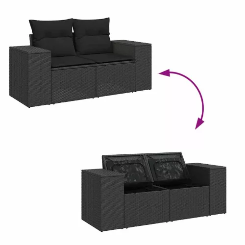  8 részes fekete polyrattan kerti ülőgarnitúra párnákkal