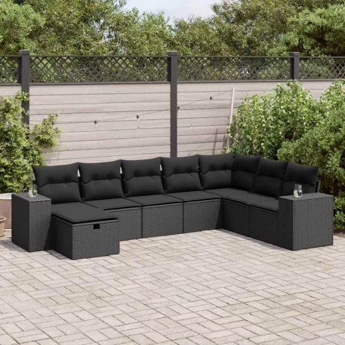  8 részes fekete polyrattan kerti ülőgarnitúra párnákkal