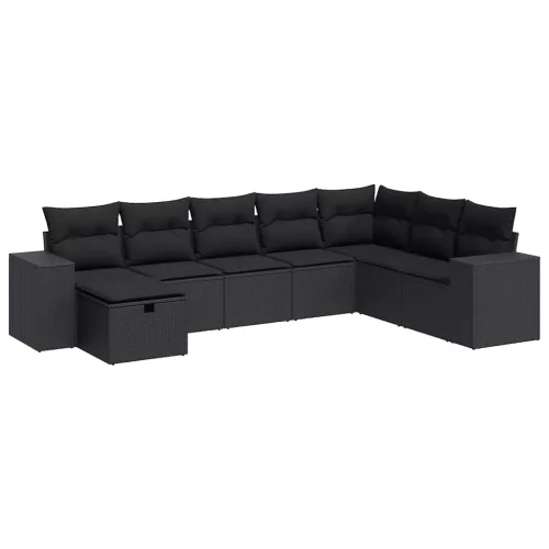 8 részes fekete polyrattan kerti ülőgarnitúra párnákkal
